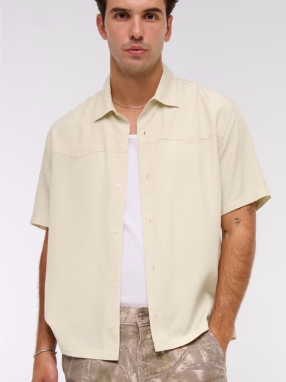Abercrombie & Fitch Cupro Cream Short-Sleeve Button-Down Shirt